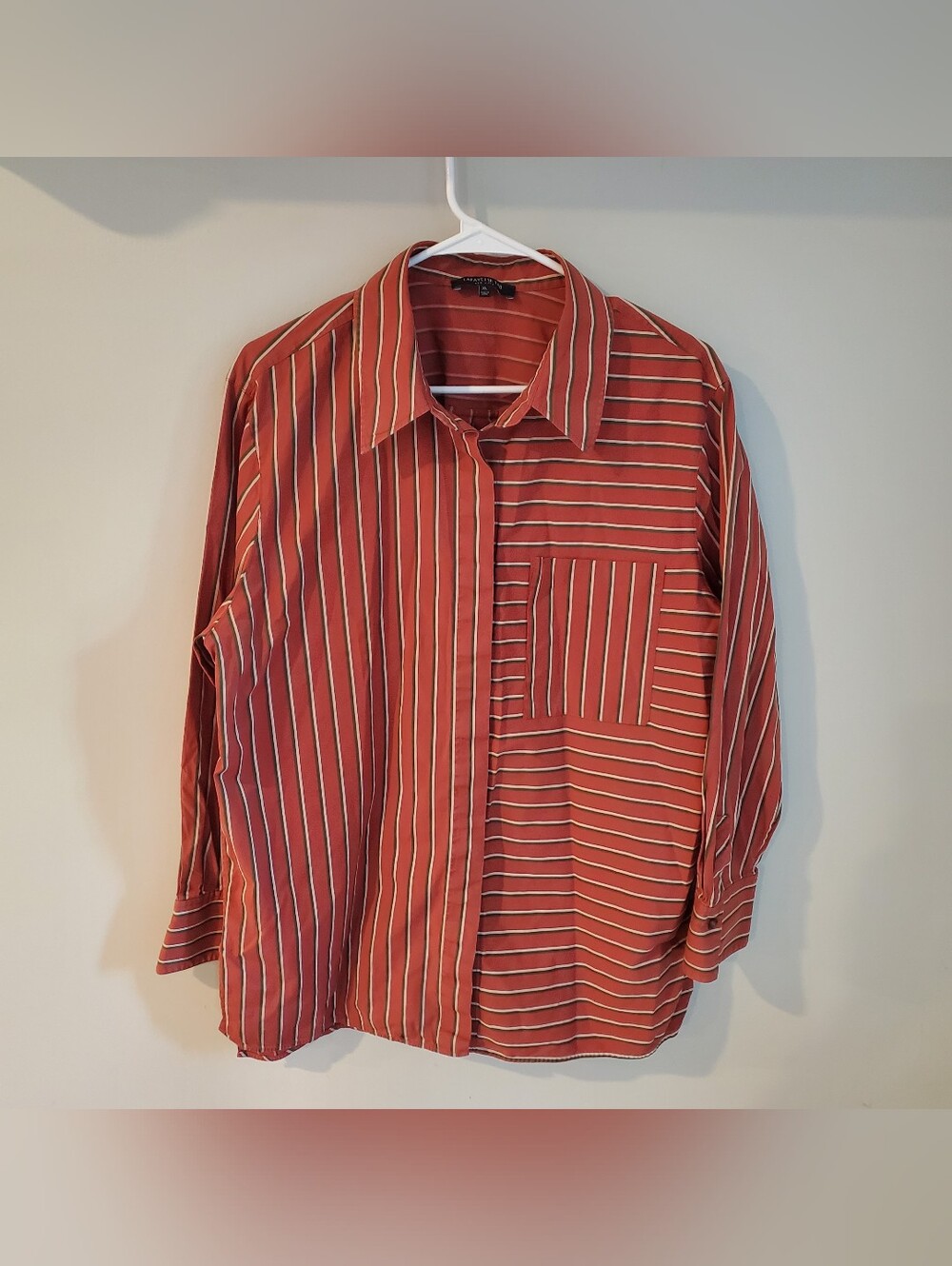 Lafayette 148 New York Striped Terracotta Cotton Button Down Shirt Size XL